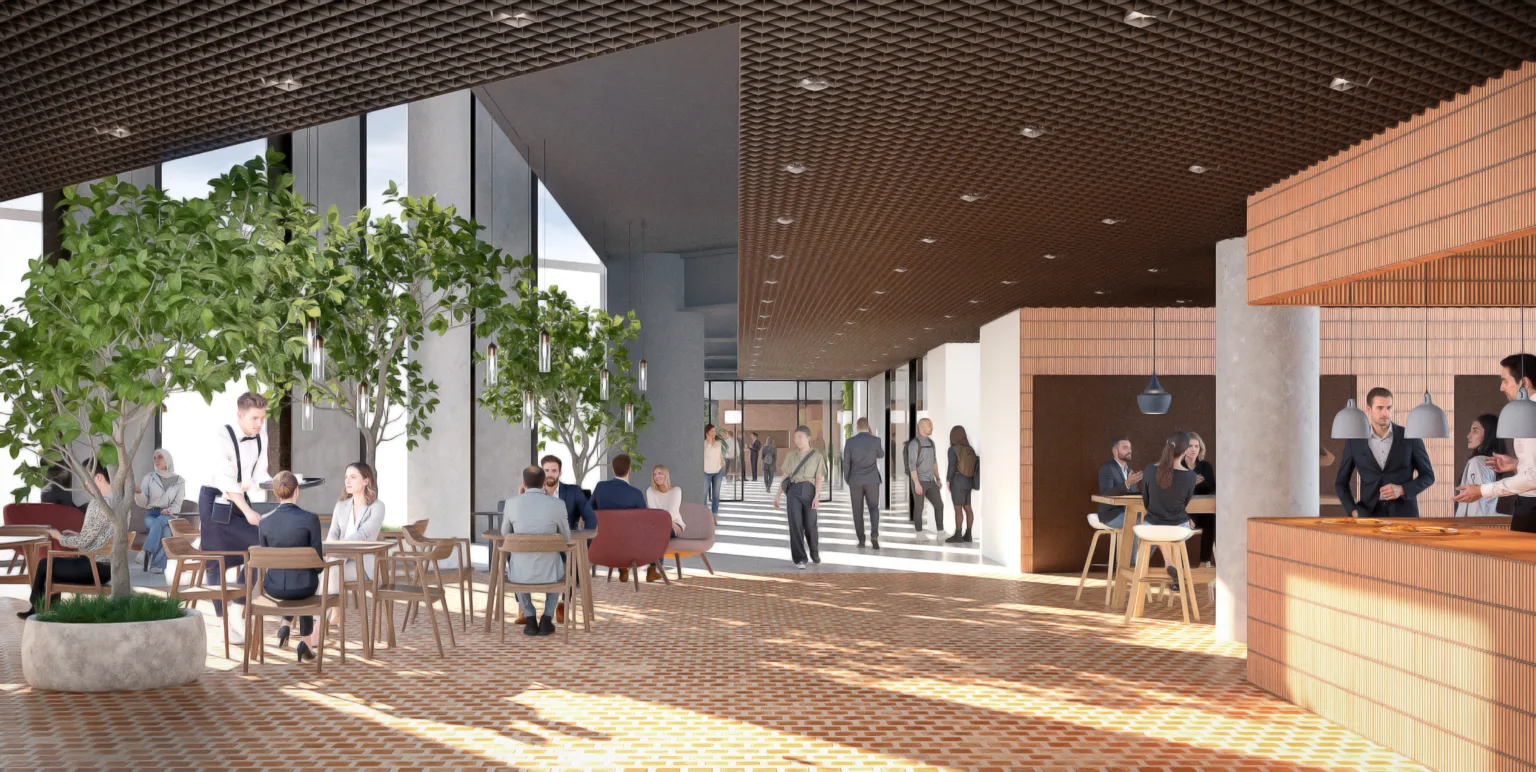 JKMM restaurant visualisation with warm materials and planted seating areas