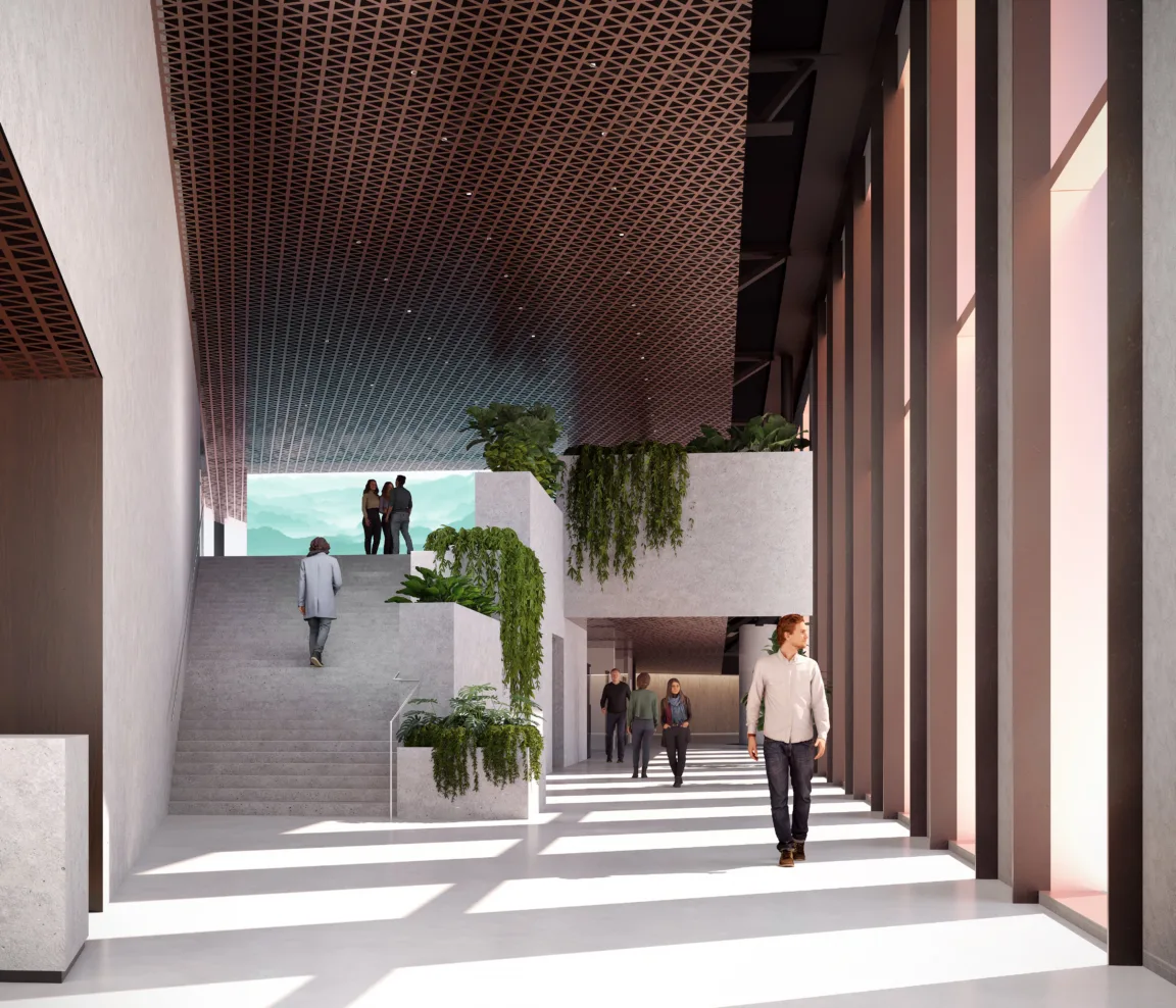 JKMM visualisation of the planted upper lobby and patterned ceiling