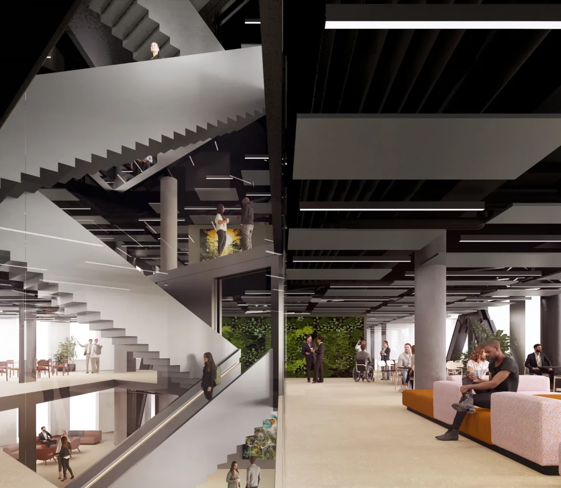 JKMM visualisation of connected workspace floors and sculptural stairs