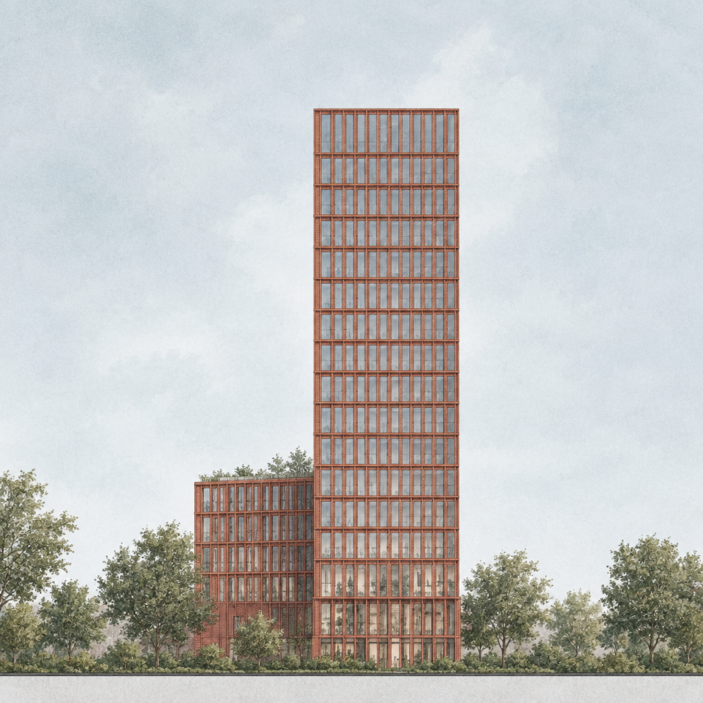 Frontal view of the copper-toned Node tower