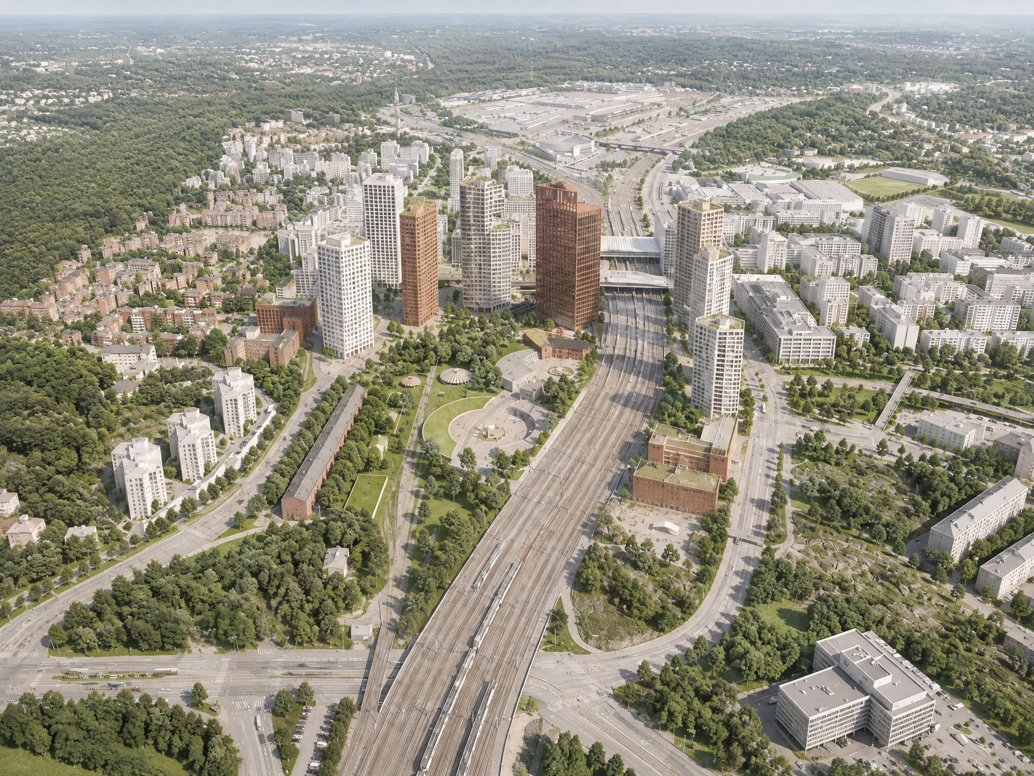 Aerial view of Pasila and its green public spaces