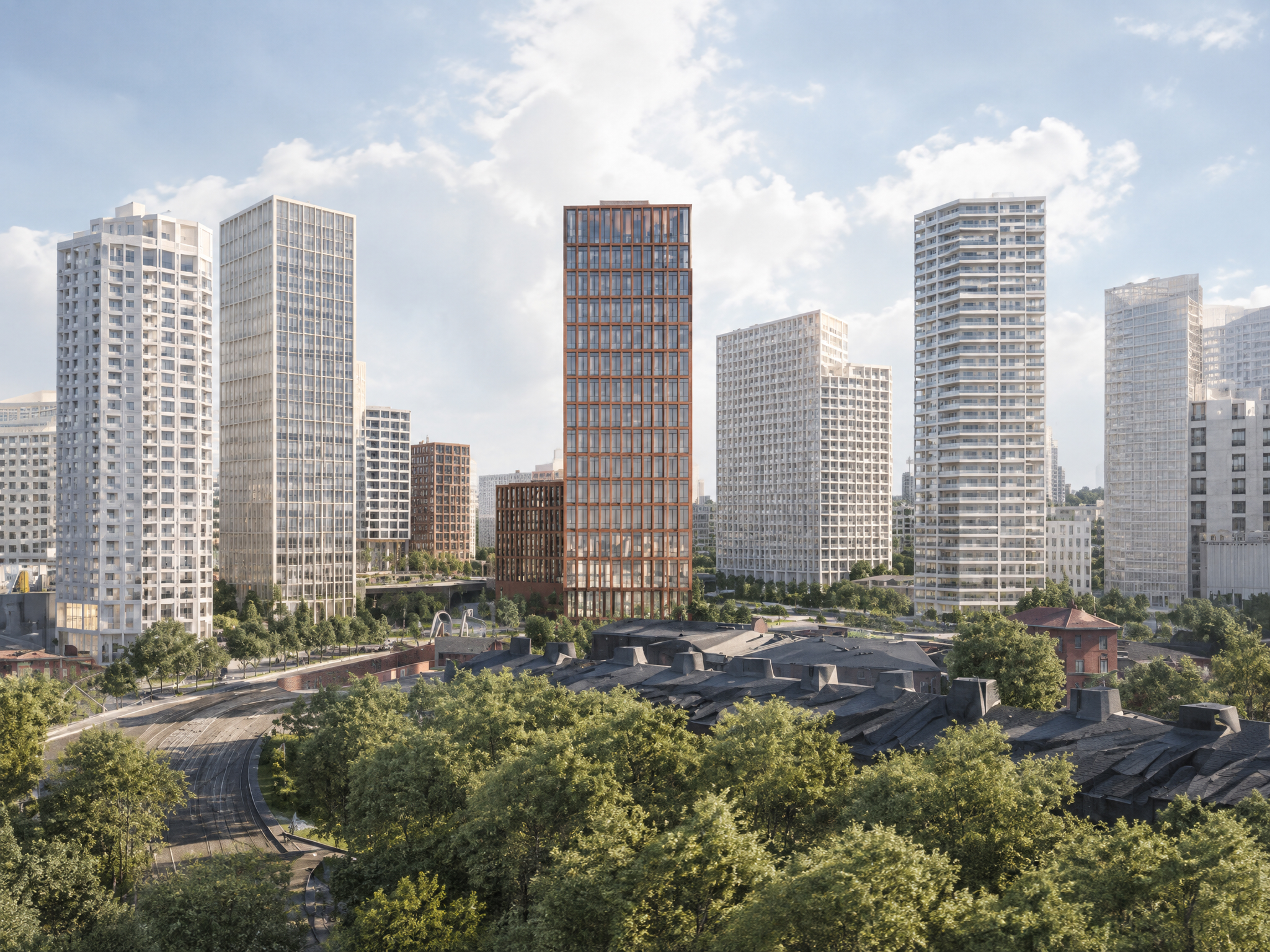 Pasila skyline above a canopy of green trees