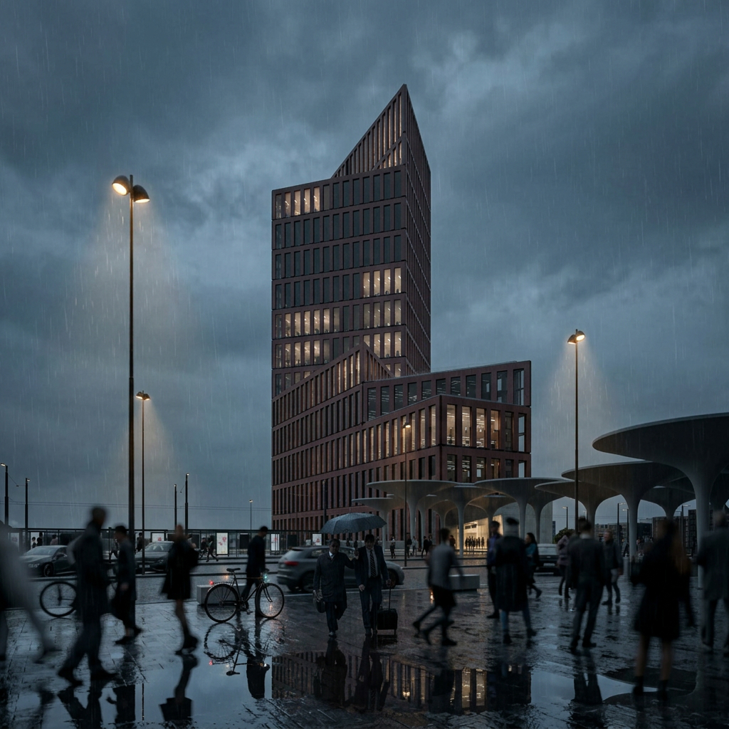 People crossing the rain-soaked plaza beneath Node