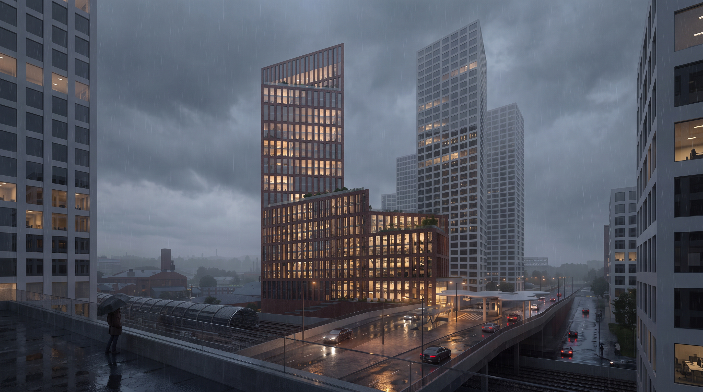 Wide evening view of Node among neighbouring towers
